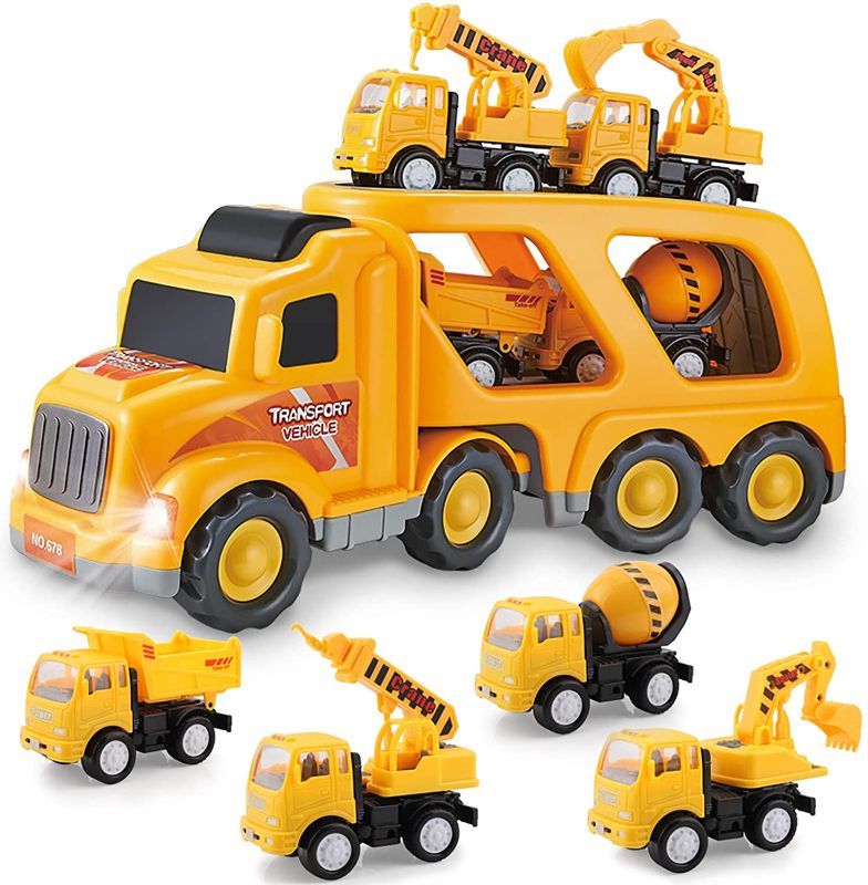 Photo 1 of Construction Truck Toys for 3 4 5 6 Years Old Toddlers Kids Boys and Girls, Car Toy Set with Sound and Light, Play Vehicles in Friction Powered Carrier Truck, Small Crane Mixer Dump Excavator Toy
