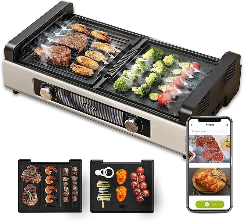 Photo 1 of Gevi Electric Indoor Smokeless Grill + Griddle, Nonstick Plates, 2 Cooking Zones with Adjustable Temperature, Black
