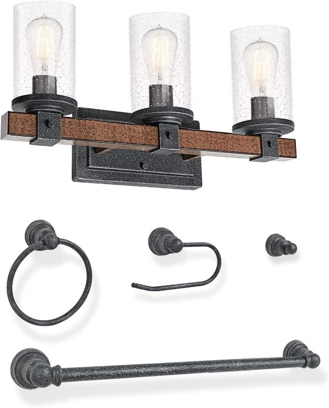 Photo 2 of 3-Light Farmhouse Vanity Light, 5-Piece All-in-One Bathroom Set (E26 Bulb Base), Bathroom Light Fixture with Seeded Glass Shades, Faux Wood Metal Wall...
