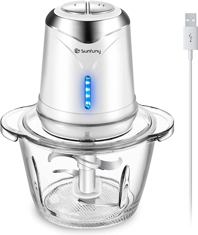 Photo 1 of Food Processor 6000mAh Wireless Vegetable Chopper with 5 Cup Glass Bowl, Electric Garlic Meat Choppers BPA-free Baby Food Processors Puree Blender Mini Kitchen Mincer with 4 Blades, 2 Speeds (White)