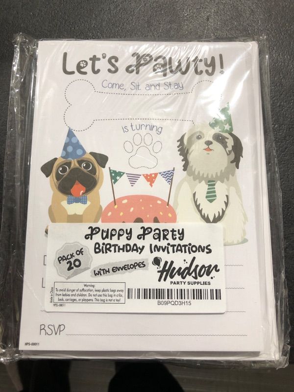 Photo 2 of Pug Birthday Party Invitations with Envelopes - (Pack of 20) - Puppy Party Invites for Girls, Boys, Toddlers, Children and More. Puppy Party Supplies. Fill In Style.
