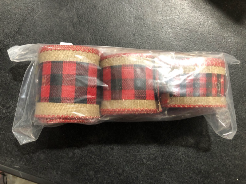 Photo 2 of 3 Rolls 15 Yards Christmas Buffalo Wired Edge Ribbons Plaid Ribbon Fabric Craft Ribbon Natural Wrapping Ribbon with Checked Patterns for DIY Craft Christmas Decoration (Red and Black)