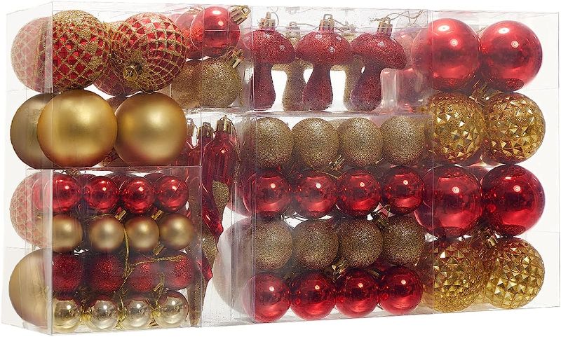 Photo 1 of 124 Pcs Christmas Ball Ornaments Set, Shatterproof Christmas Balls Decorations, Assorted Decorative Hanging Christmas Tree Ornaments Baubles for Party Holiday Decor, Red Gold 