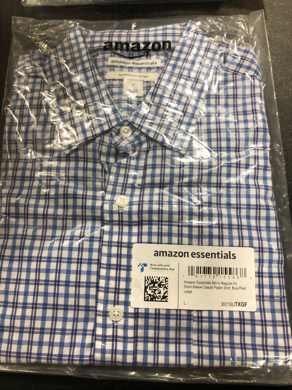 Photo 2 of Amazon Essentials Men's Regular-Fit Short-Sleeve Poplin Shirt Large Blue, Plaid