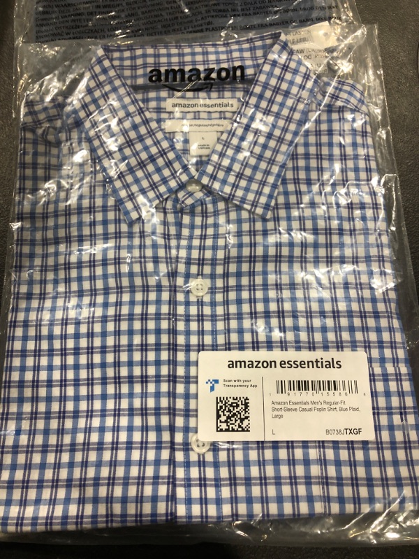 Photo 2 of Amazon Essentials Men's Regular-Fit Short-Sleeve Poplin Shirt Large Blue, Plaid