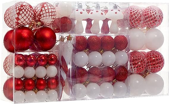 Photo 1 of 124 Pcs Christmas Ball Ornaments Set, Shatterproof Christmas Balls Decorations, Assorted Decorative Hanging Christmas Tree Ornaments Baubles for Party Holiday Decor? Red White