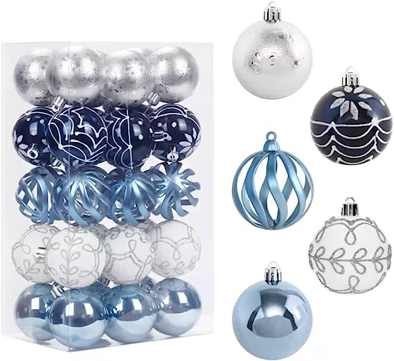 Photo 1 of 30PCS 60MM/2.36IN Christmas Tree Ornaments Assorted Pendant Shatterproof Ball Ornament Set Seasonal Decorations with Reusable Hand-Help Gift Boxes Ideal for Xmas, Holiday and Party (White/Blue) 