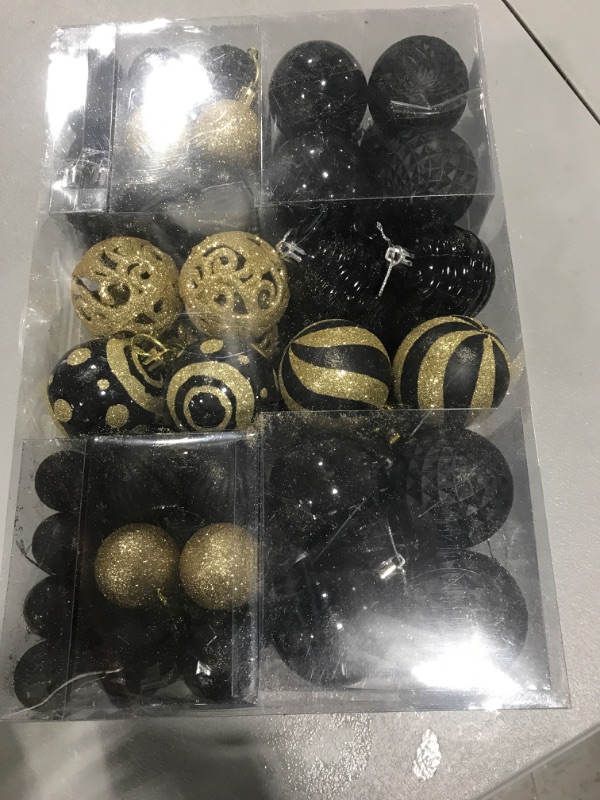 Photo 2 of 100PCS Christmas Ball Ornaments, Assorted Shatterproof Christmas Tree Decorations, Seasonal Decorative Hanging Baubles Decor Set for Xmas/Holiday/Party, Glitter&Painting Ornament Set(Black Gold) 