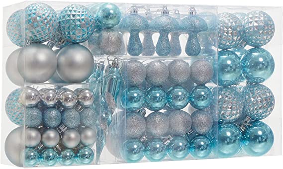 Photo 1 of 124 Pcs Christmas Ball Ornaments Set, Shatterproof Christmas Balls Decorations, Assorted Decorative Hanging Christmas Tree Ornaments Baubles for Party Holiday Decor (Light Blue & Silver) 