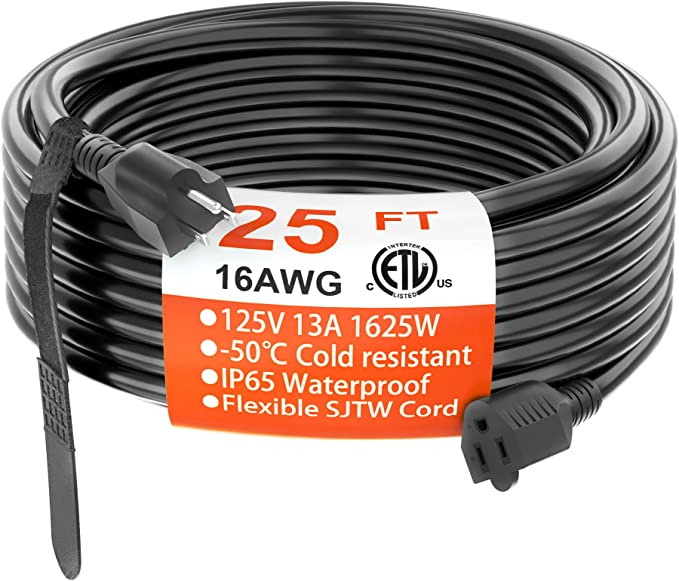 Photo 1 of 25 FT 16 Gauge Black Indoor Outdoor Extension Cord Waterproof, Flexible Cold Weather 3 Prong Electric Cord Outside, 13A 1625W 125V 16AWG SJTW, ETL Listed HUANCHAIN