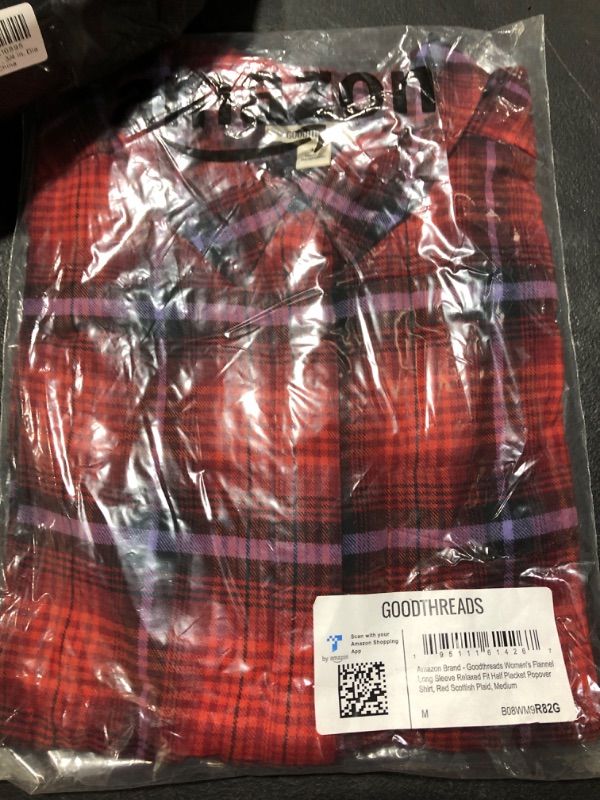 Photo 2 of Goodthreads Women's Flannel Long-Sleeve Relaxed-Fit Half Placket Popover Shirt Medium Red, Scottish Plaid