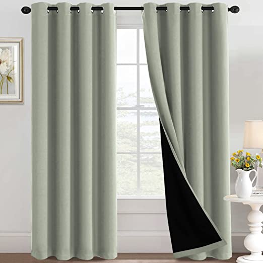 Photo 1 of 100% Blackout Curtains Thermal Insulated Full Blackout Curtains for Living Room Energy Efficiency Window Draperies for Bedroom with Black Liners (1 Panel, 52-inch W by 96-inch L, Light Sage)
