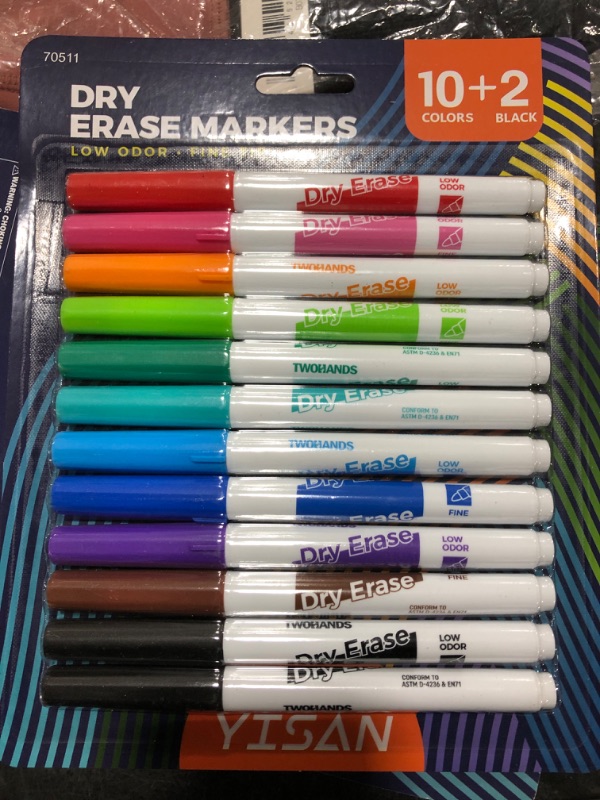 Photo 1 of 2 pack YISAN Dry Erase Markers Fine Point,Whiteboard Markers Fine Tip, 10+2 Assorted Colors Low Odor,Writing on Whiteboard,Mirrors for School Office Home,70511