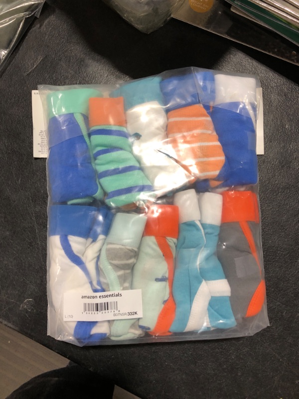 Photo 2 of Amazon Essentials Boys' Cotton Briefs Underwear, Multipacks 10 White/Blue/Orange, Cars/Stripe Large