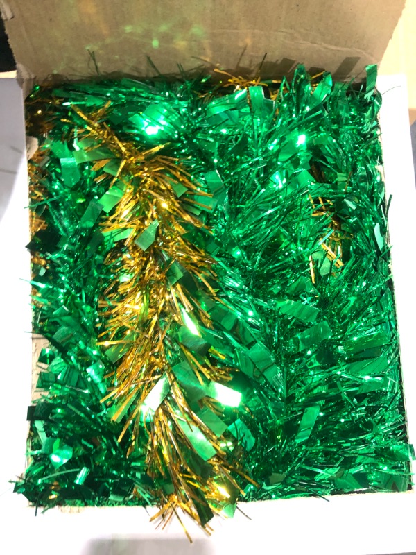 Photo 2 of 157.44 ft Christmas Green Foil Tinsel Garland Metallic Tinsel Twist Garland Green Christmas Tree Topper Decorations with 12 Pcs LED Lights and Other Accessories for Xmas Tree Outdoor Indoor Bedroom