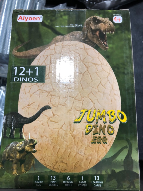 Photo 2 of Alyoen Dino Egg Dig Kit, Jumbo Dino Egg Dig with 13 Suprise Dinosaur Egg Toys in One Giant Filled Eggs, Dinosaur Eggs Excavation Kits for Kids 3-7, Boys Archaeology Science STEM Christmas/Xmas Gifts