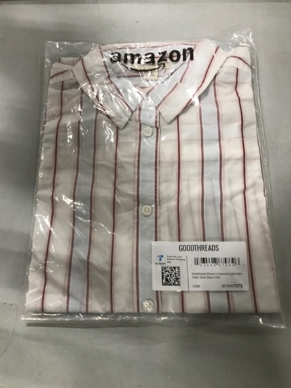 Photo 2 of Amazon Brand - Goodthreads Women's Oversized Lightweight Cotton Short-Sleeve Shirt size Large Red/Pink/Blue, Stripe