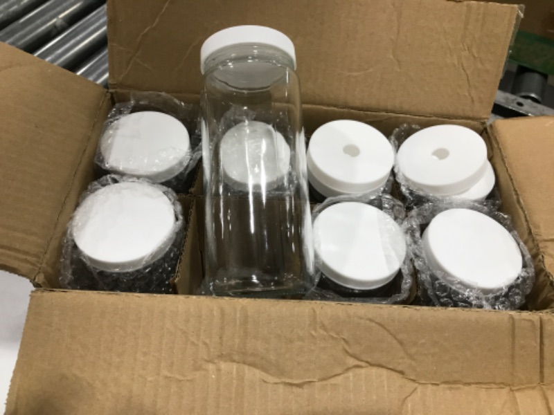 Photo 2 of [ 8 Pack ] Glass Juicing Bottles with 2 Straws & 2 Lids w Hole- 16 OZ Travel Drinking Jars, Water Cups with Black Airtight Lids, Reusable Tall Mason Jar for Juice, Boba, Smoothie, Tea, Kombucha

