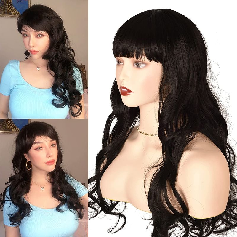 Photo 1 of Black Wavy Wig for Women,Black Wig with Bangs Long ,Synthetic Long Wave Wig with Bangs , 24Inch Natural Wave Heat Resistant Hair Wigs for Daily Party Cosplay(Black)