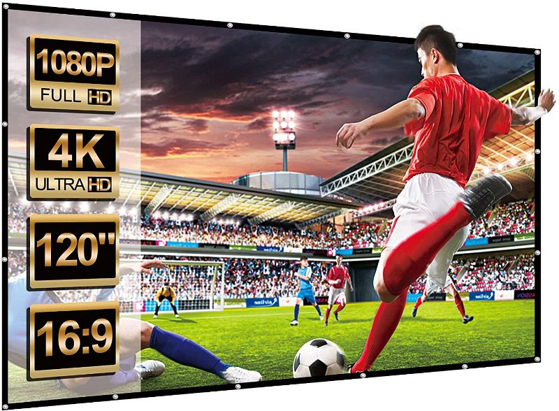 Photo 1 of 120 inch Projection Screen, FANGOR 4K Video Projector Screen Full HD Movie Screen, Anti-Crease 16:9 Foldable Indoor Outdoor Video Projector Screen for Home, Party, Office with Accessory