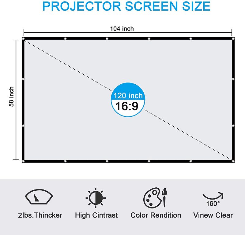 Photo 2 of 120 inch Projection Screen, FANGOR 4K Video Projector Screen Full HD Movie Screen, Anti-Crease 16:9 Foldable Indoor Outdoor Video Projector Screen for Home, Party, Office with Accessory