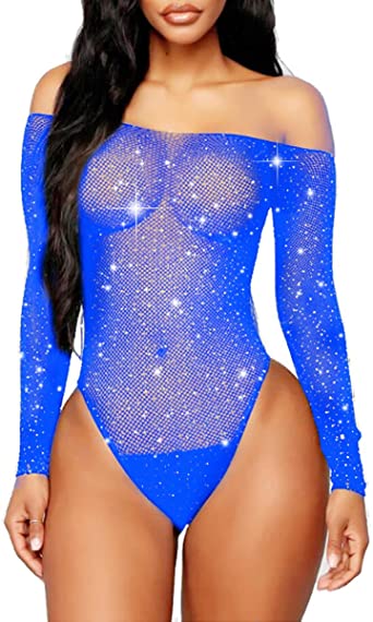 Photo 1 of Abberrki Women Sexy Sparkle Rhinestone Teddy Fishnet Long Sleeve One Piece Bodysuit