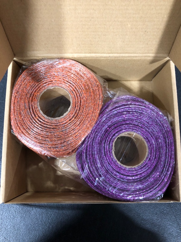 Photo 2 of 2 Rolls Glitter Mesh Ribbon 2.5'' x 30 Yards Glitter Ribbon Metallic Sequin Christmas Ribbon Wire Ribbons for Crafts Halloween Thanksgiving Fabric Ribbons Home Decor Gift Wrapping (Orange, Purple)