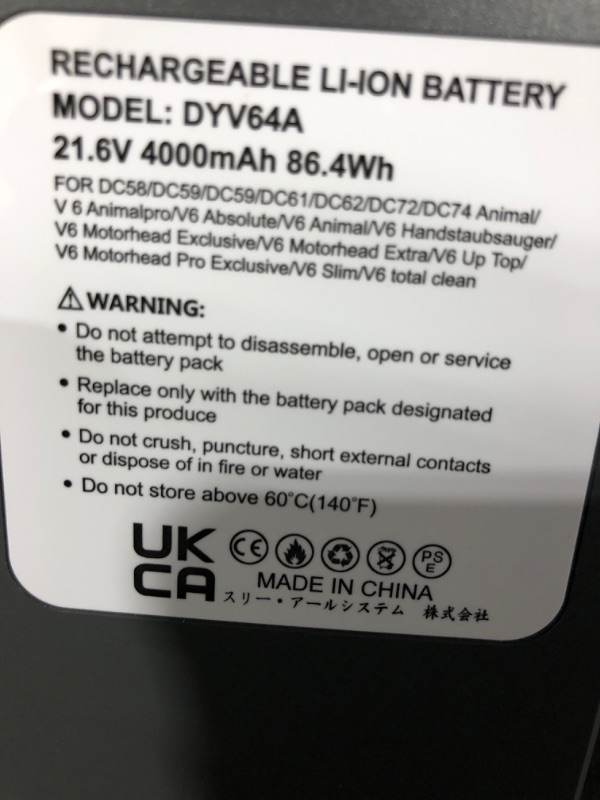 Photo 2 of Lekzai Upgraded V6 Battery Replacement Compatible with Dyson V6 Animal Absolute Fluffy Motorhead Slim SV03 SV04 SV05 SV06 SV07 SV09 DC58 DC59 DC61 DC62 DC72 DC74 Vacuum 4000mAh