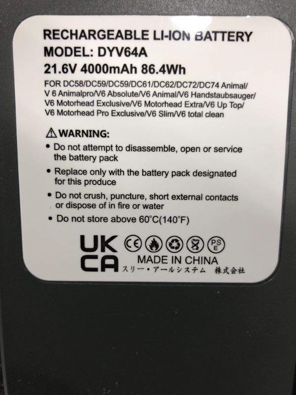 Photo 2 of Lekzai Upgraded V6 Battery Replacement Compatible with Dyson V6 Animal Absolute Fluffy Motorhead Slim SV03 SV04 SV05 SV06 SV07 SV09 DC58 DC59 DC61 DC62 DC72 DC74 Vacuum 4000mAh