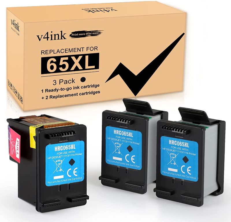 Photo 1 of v4ink Remanufactured 65XL Ink Cartridge Replacement for HP 65XL 65 XL Use with HP Envy Photo 5010 5034 5055 5032 Deskjet 3723 3755 2655 2635 3758 3750 3752 2621 2622 AMP 100 130 (3Packs, Black)