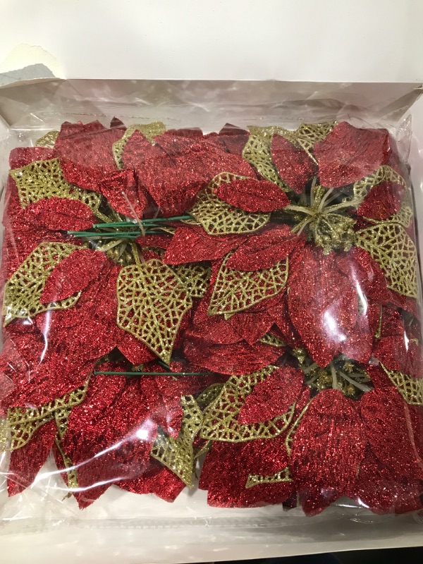 Photo 2 of 30 Pcs Christmas Tree Decoration Glitter Christmas Poinsettia Artificial Xmas Flower Ornaments Flower Powder Shining Artificial Poinsettia Flower Stems for Xmas Wreaths Floral Wedding Decor (Red)