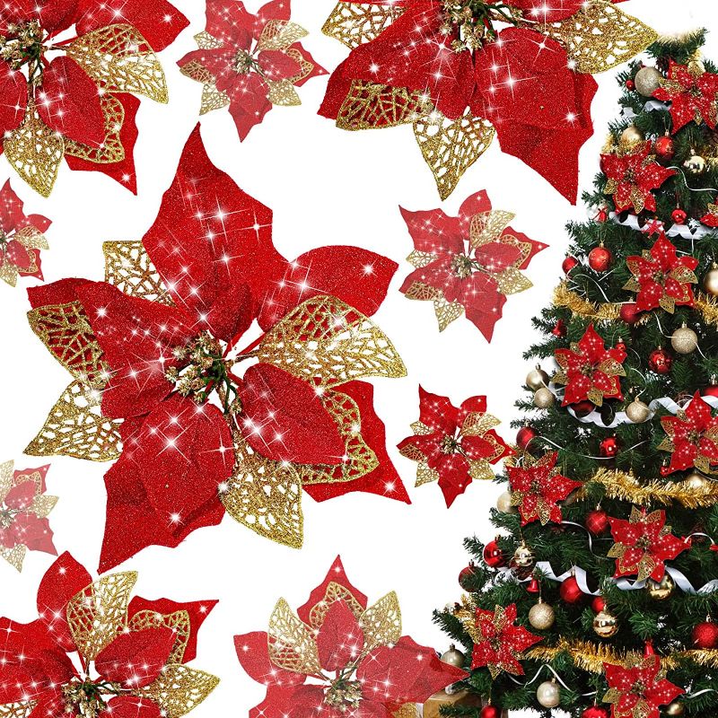 Photo 1 of 30 Pcs Christmas Tree Decoration Glitter Christmas Poinsettia Artificial Xmas Flower Ornaments Flower Powder Shining Artificial Poinsettia Flower Stems for Xmas Wreaths Floral Wedding Decor (Red)