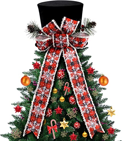 Photo 1 of  Christmas Tree Topper Hat, Black Top Hat with Bow and Lengthened Ribbon - Tree Topper Christmas Decorations for Xmas Holiday Winter Party Ornament Supplies (Snowflake)