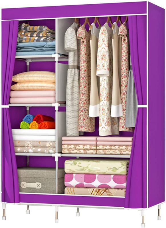 Photo 1 of ZZBIQS Clothing Closet Wardrobe, Portable Non-Woven Fabric Garment Clothes Wardrobe Storage Organizer Shelf Rack, DIY Armoire Storage with Hanging Rod(Purple)
