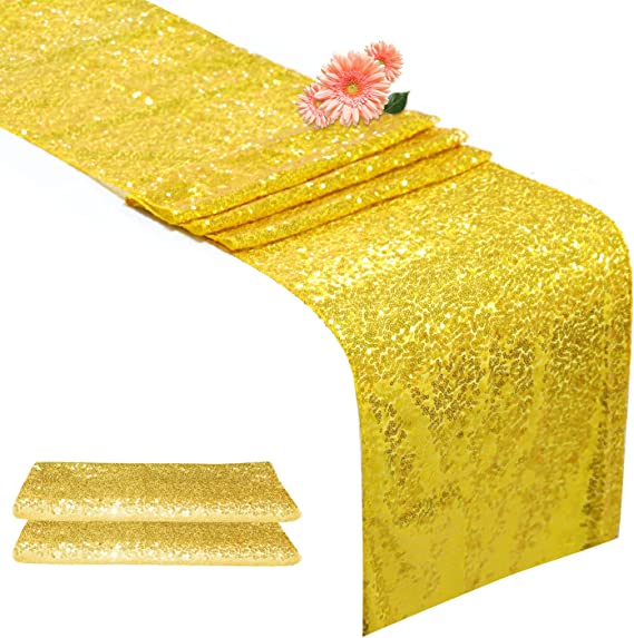 Photo 1 of  FGSAEOR Gold Sequin Table Runner (12X108 inch,2-Pack), Sparkle Table Runners Fit for Rectangle Round Tables, Party Supplies Decorations for Wedding Birthday Celebration Baby Shower Christmas
