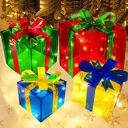 Photo 1 of [ Bigger Size 12"-8"-6"-5" ] 4 Pcs 70 LED Lighted Gift Boxes Christmas Decorations Adapter Powered Transparent Xmas Present Boxes Indoor Outdoor Christmas Decorations Home Yard Holiday Party 