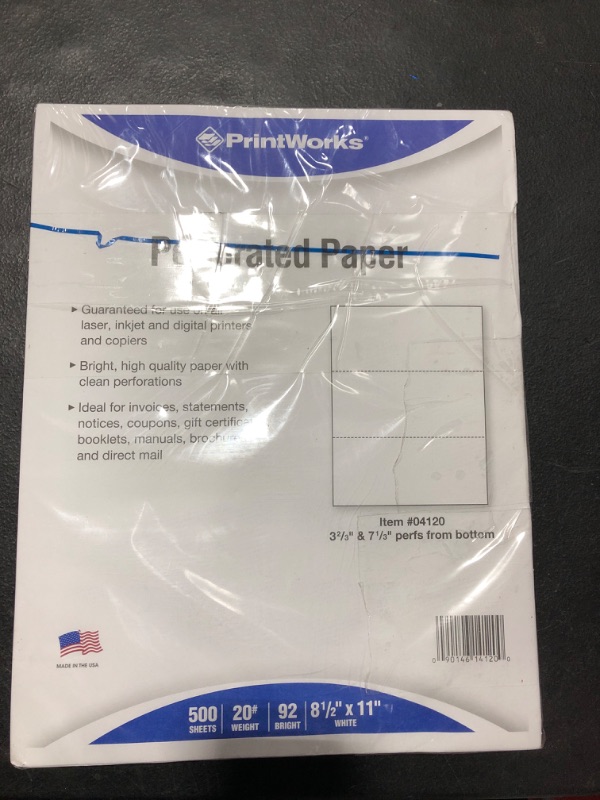 Photo 2 of PrintWorks Professional Paper, 8.5 x 11, 20 lb, 2 Horizontal Perfs 3.66" and 7.33", 500 Sheets, White (04120)