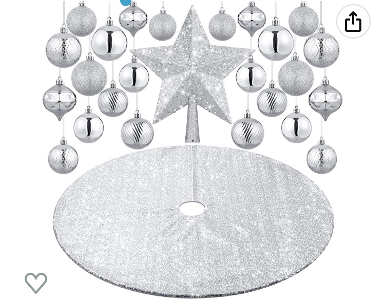 Photo 1 of 27 Pieces Christmas Tree Decoration Set, Christmas Star Tree Topper 25 Christmas Ball Ornaments and 48'' Christmas Sequin Tree Skirt for Holiday Xmas Tree Decoration (Silver)