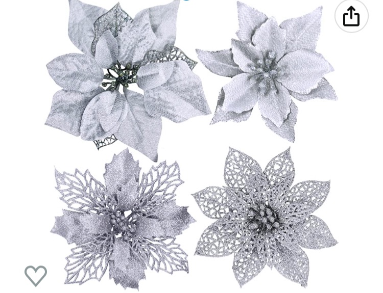 Photo 1 of 24 Pcs 4 Styles Christmas Silver Metallic Mesh Glitter Artificial Poinsettia Flower Stems Tree Ornaments in Box for White Silver Christmas Tree Wreaths Floral Gift Winter Wedding Holiday Decoration