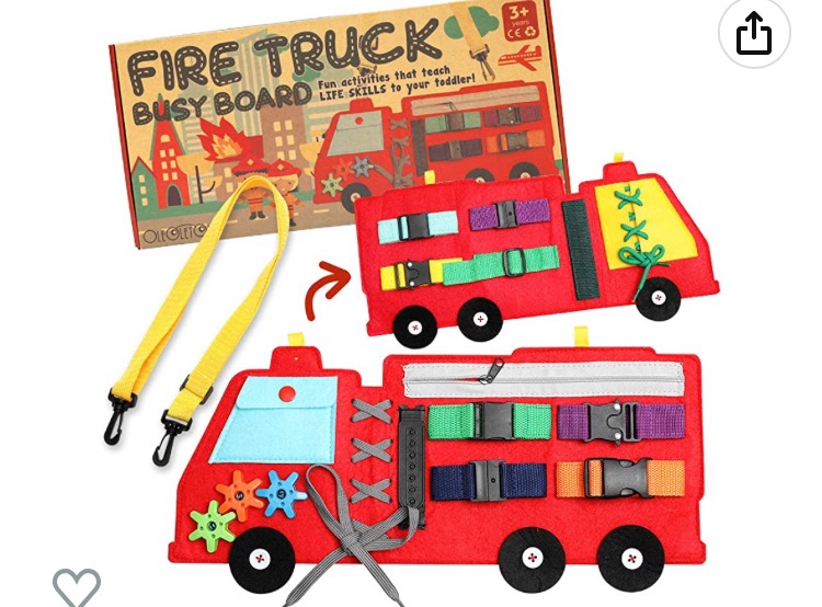 Photo 1 of Busy Board for Toddlers 1-3 or 2-4, Firetruck Preschool Educational Early Learning Toy, Basic Life Skills and Fine Motor Montessori Activities for Kids, Learn to Dress Sensory Toy as Travel Game