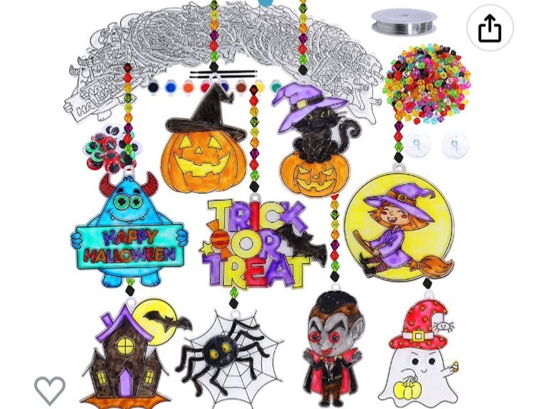 Photo 1 of 27 Sets Halloween Suncatcher Ornaments Decoration DIY Window Paint Art Craft Kit Jack-O'-Lantern Ghost Vampire Witch Spider Sun Catchers for Halloween Classroom Party Art Activity Trick or Treat Gift