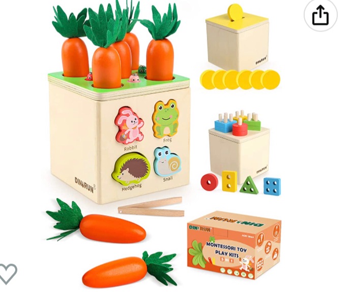 Photo 1 of DINORUN Montessori Toys for 1 2 3 Year Old, 5 in 1 Wooden Toy Box Includes Object Permanence Box, Carrot Harvest, Shape Sorter-Educational Toys for Baby Toddler 6-12 12-18 Months