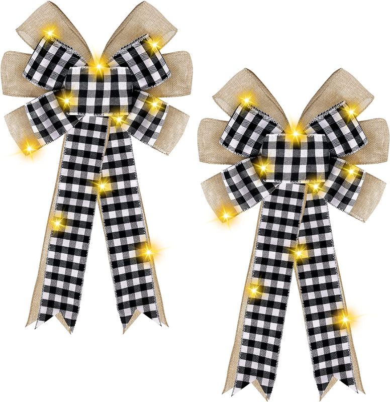 Photo 1 of 2 Pack Lighted Large Christmas Bows Wreath Decoration,Total 20 Warm Lights Battery Operated Xmas Tree Ornaments Topper Christmas Decor Home Indoor Outdoor Holiday,20"x12" (White Black Plaid)
