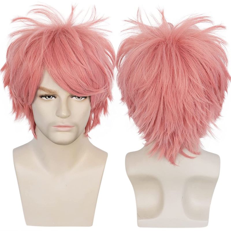 Photo 1 of ANOGOL Hair Cap + Unisex Straight Short Pink Men's Cosplay Wig Peluca Rosa Corta for Halloween Christmas Event Costume Party
