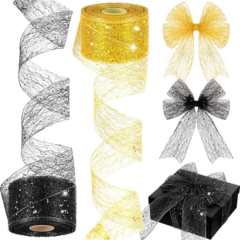 Photo 1 of 2 Rolls Glitter Mesh Ribbon 2.5'' x 30 Yards Glitter Ribbon Metallic Sequin Christmas Ribbon Wire Ribbons for Crafts Halloween Thanksgiving Fabric Ribbons Home Decor Gift Wrapping (Yellow, Black)
