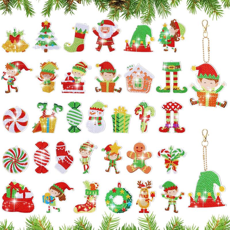 Photo 1 of 32 Pcs Christmas Diamond Painting Keychains Single Sided Diamond Art Ornaments Xmas Tree Santa Claus Keychains DIY Diamond Painting Pendant Decorative Rhinestone 5d Key Ring for Craft Decor Adult
