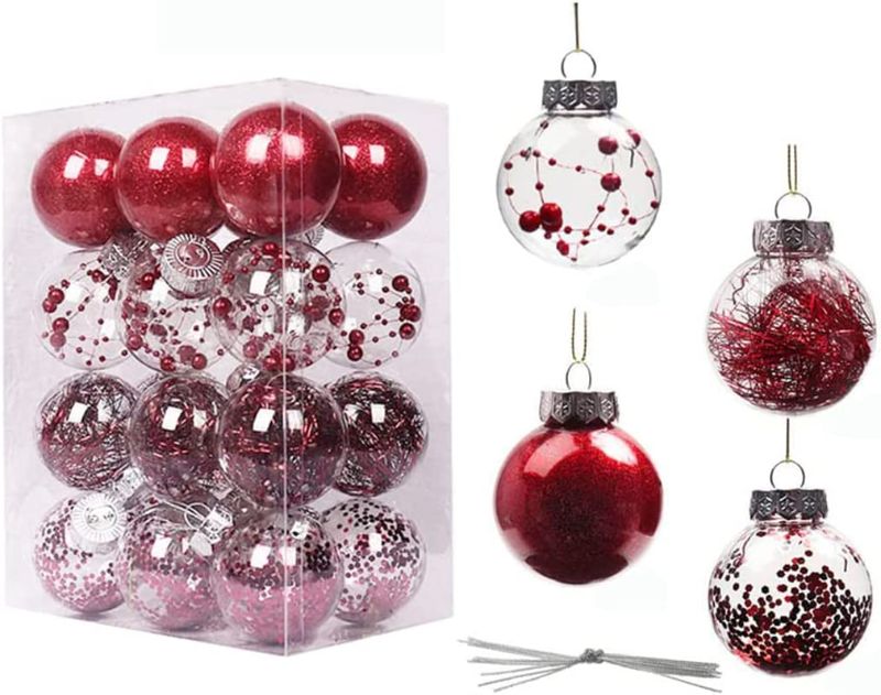 Photo 1 of  YYCRAFT Shatterproof Clear Plastic Christmas Ball Ornaments 6CM Xmas Balls Baubles Set with Stuffed Delicate Decorations (24 Pcs, Burgundy) 