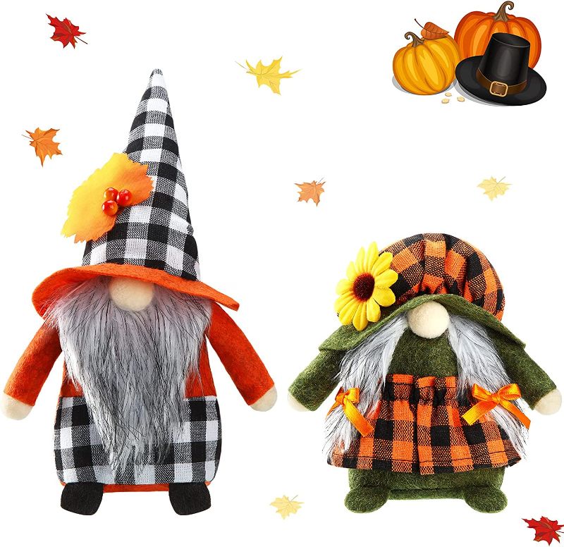 Photo 1 of 2 Pieces Halloween Gnome Thanksgiving Gnomes Decorations Fall Gnomes Handmade Gnomes Plush Plaid Gnome Doll Ornament for Halloween Thanksgiving Holiday Home Party Decor(Elegant Style) 