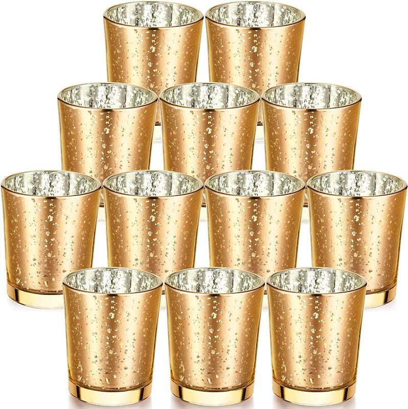 Photo 1 of 12 Pieces Votive Candle Holders Set Christmas Candle Holder Speckled Tealight Holder Glass Bulk Party Decorations for Wedding Birthday Bridal Shower Table Centerpieces (Gold) 