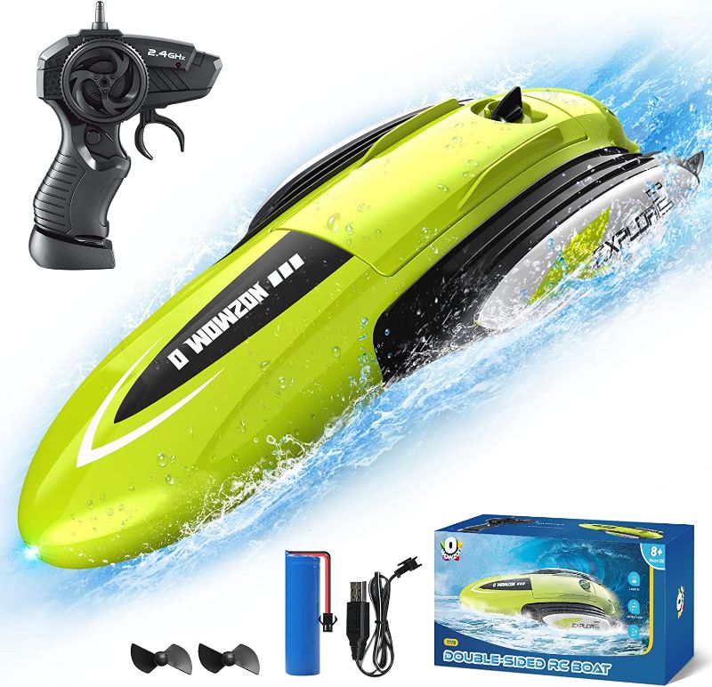 Photo 1 of  O WOWZON RC Boat - Double Sided Driving Design Remote Control Boat for Summer Pools and Lakes with LED Light, 2.4 GHZ for Beginner Adults and Kids RC Boats Toys Gifts